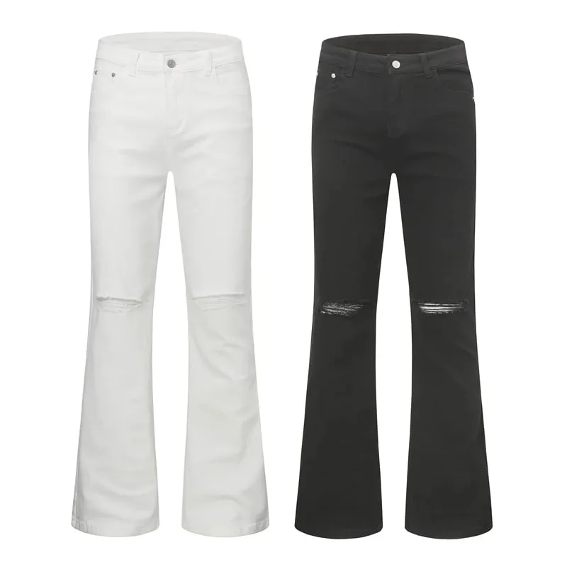 Urban Street Mens Slim Fit Flared Jeans White Black Distressed Jeans Overall Y2k Solid Color Washing Skinny Jeans Men Ripped