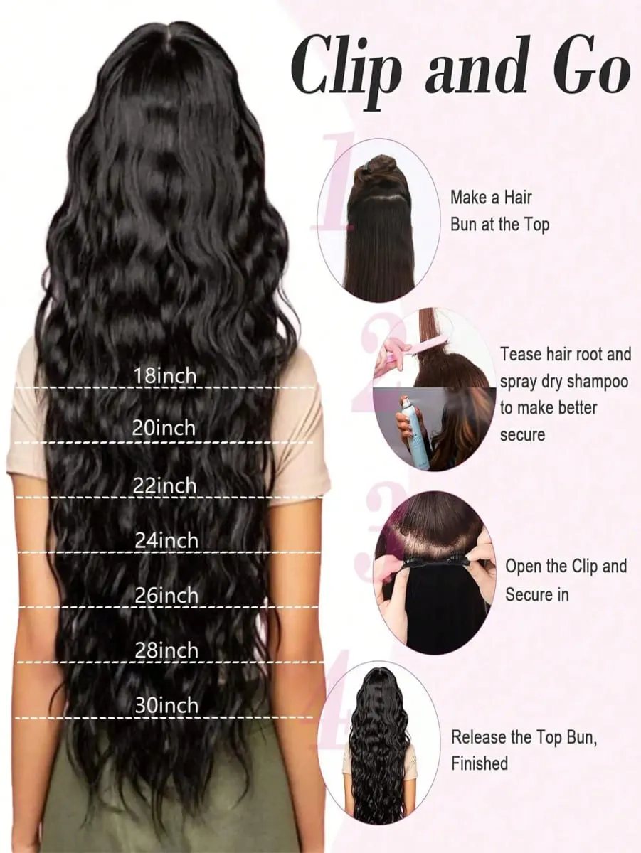 18~30 inch Long Wavy Clip-in Hair Extensions 7pcs/set Thick Hair pieces With Invisible Clips Soft Synthetic Fiber Black