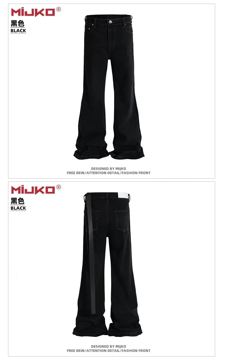 Ribbons Slightly Stretch Baggy Flared Jeans for Men High Street Black Color Boom Cut Oversized Casual Denim Trousers