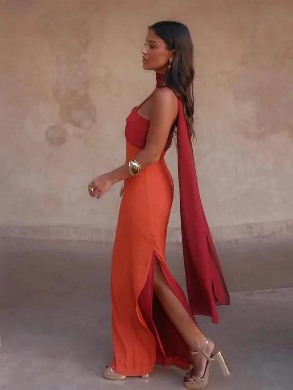 Sexy Color Blocking Scarf Collar Sling Dress Women Chic Waist Cinching Split Bodycon Maxi Dresses 2026 Lady Club Party Vestido