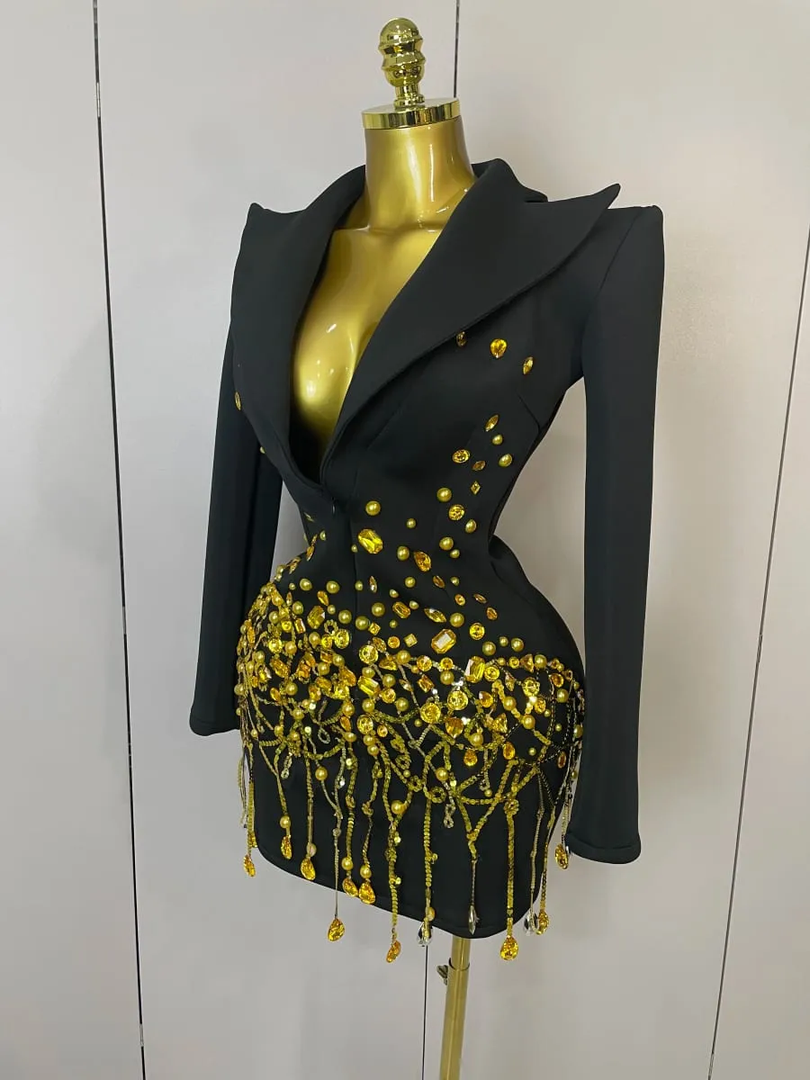 Sparkly Crystal Chains Pearls Long Sleeve Mini Dress 2025 Women Birthday Evening Party Nightclub Outfit Singer Wedding Costume
