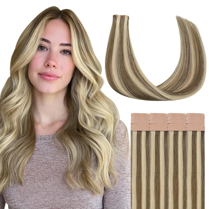 Sunmofavo Tape In Remy Human Hair Extensions Thick Silky Straight Natural Brown Invisible Tape 20Pcs Salon Grade For Women