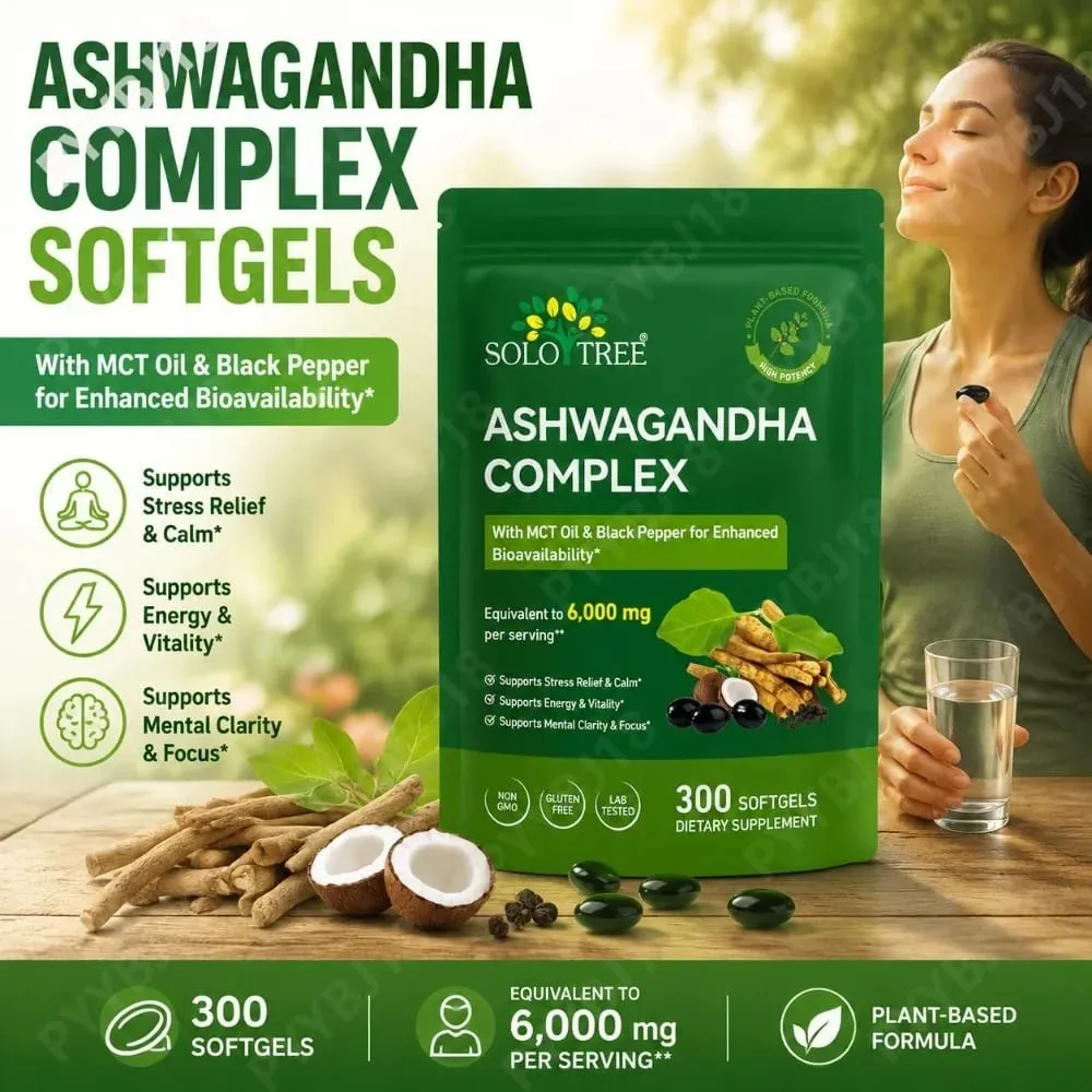 Solo Tree Ashwagandha Complex Softgels Supports Stress Relief Calm Mental Clarity Focus with MCT Oil & Black Pepper 300 Softgels
