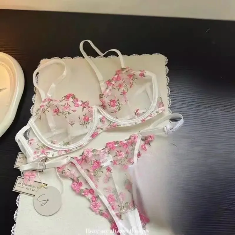 European Women Alluring Sheer Lace Embroidery Underwire Bra Big Bust Support Minimize Anti‑Sagging Soft Lingerie S‑XL Bra Set