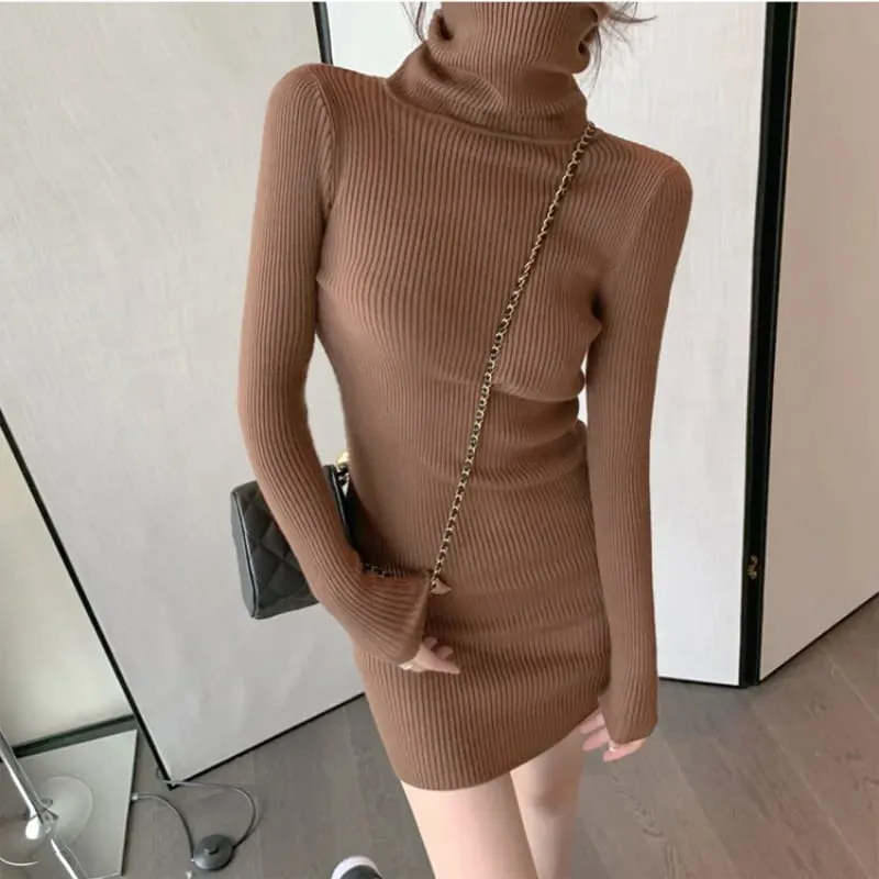 Women Autumn Winter Turtleneck Warm Bodycon Dress Long Sleeve Knit Solid Office Pullover Sexy Mini Dress for Ladies 2025