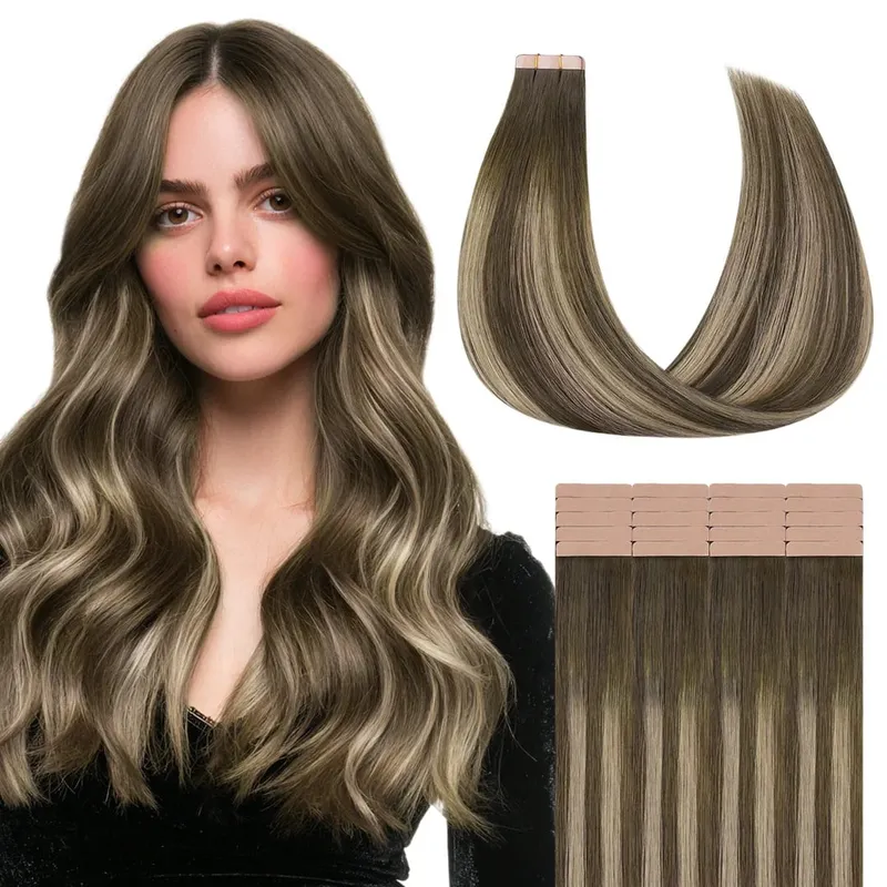 Sunmofavo Tape In Remy Human Hair Extensions Thick Silky Straight Natural Brown Invisible Tape 20Pcs Salon Grade For Women