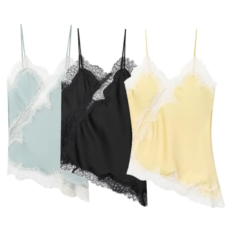 2025 Woman Asymmetrical Slip Top Women Sexy Black Yellow Blue Top Lace Tanks & Camis Chic Y2K Sleeveless Backless Camisole