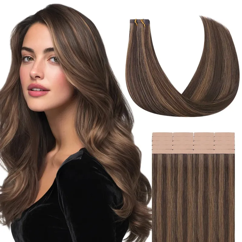 Sunmofavo Tape In Remy Human Hair Extensions Thick Silky Straight Natural Brown Invisible Tape 20Pcs Salon Grade For Women