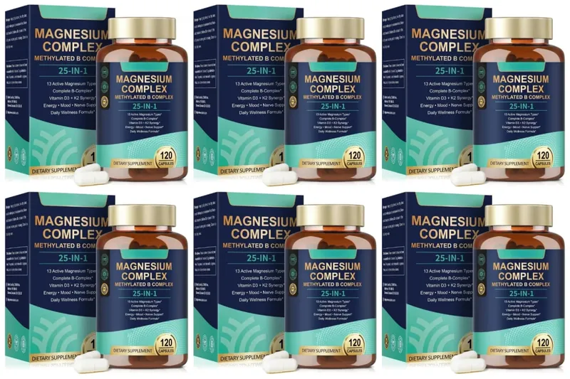 25-in-1 Magnesium Complex with Glycinate Citrate Malate Vitamin D3 K2 B12 Methylfolate for Relaxation Energy Nerve 120 Capsules