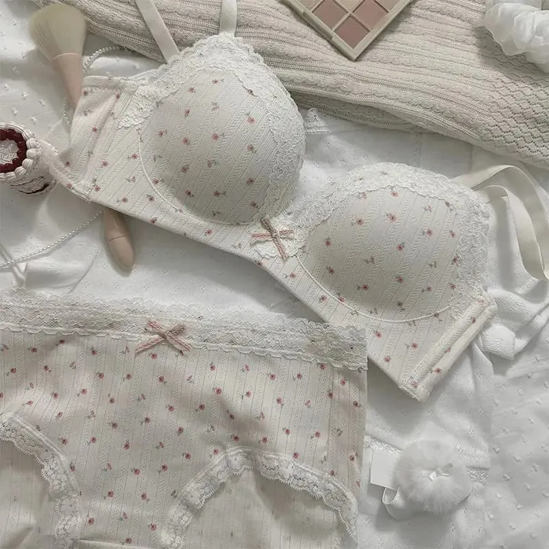 Sweet Girl Lace Edge Floral Bra Set Women Non-steel Ring Beauty Back No Steel Hoop Anti Sagging Underwear Cotton Comfortable Bra