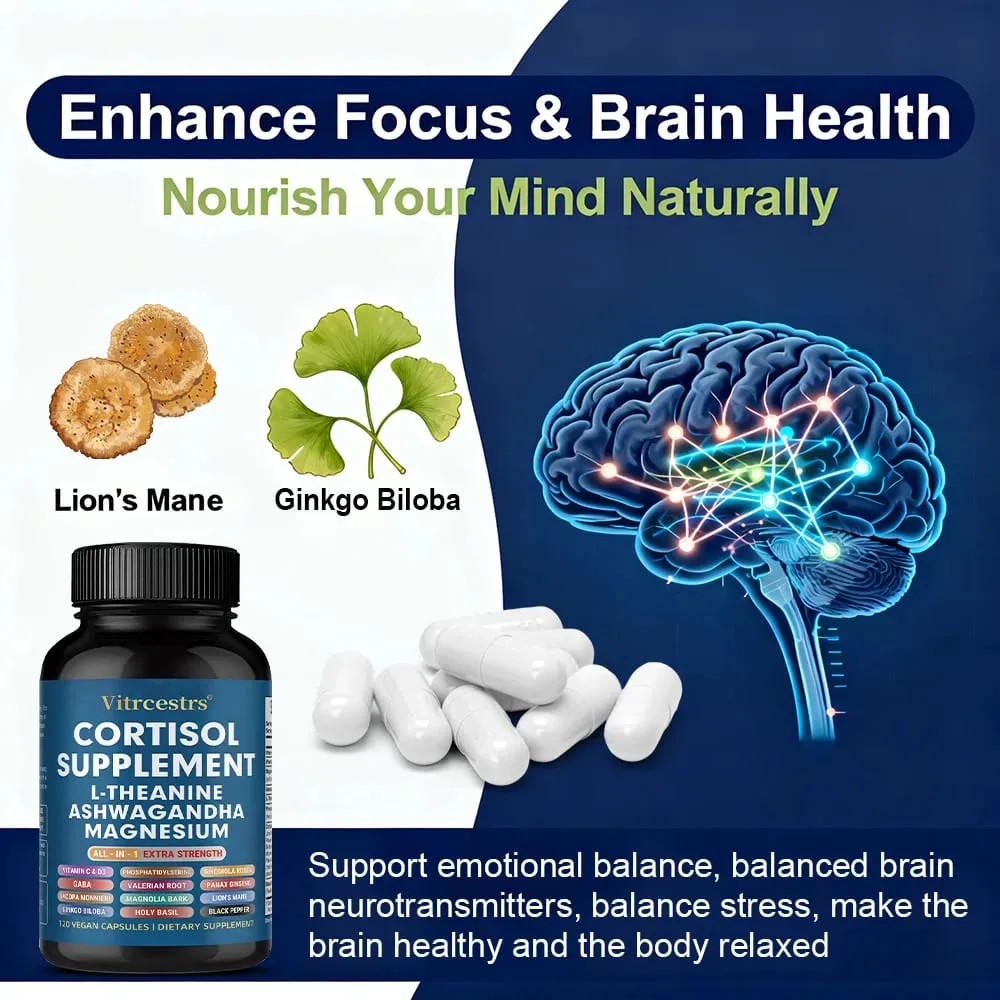 Cortisol Support Supplement - Magnesium Supports Stress Relief Calm Mood Relaxation Restful Sleep Focus & Adrenal Health