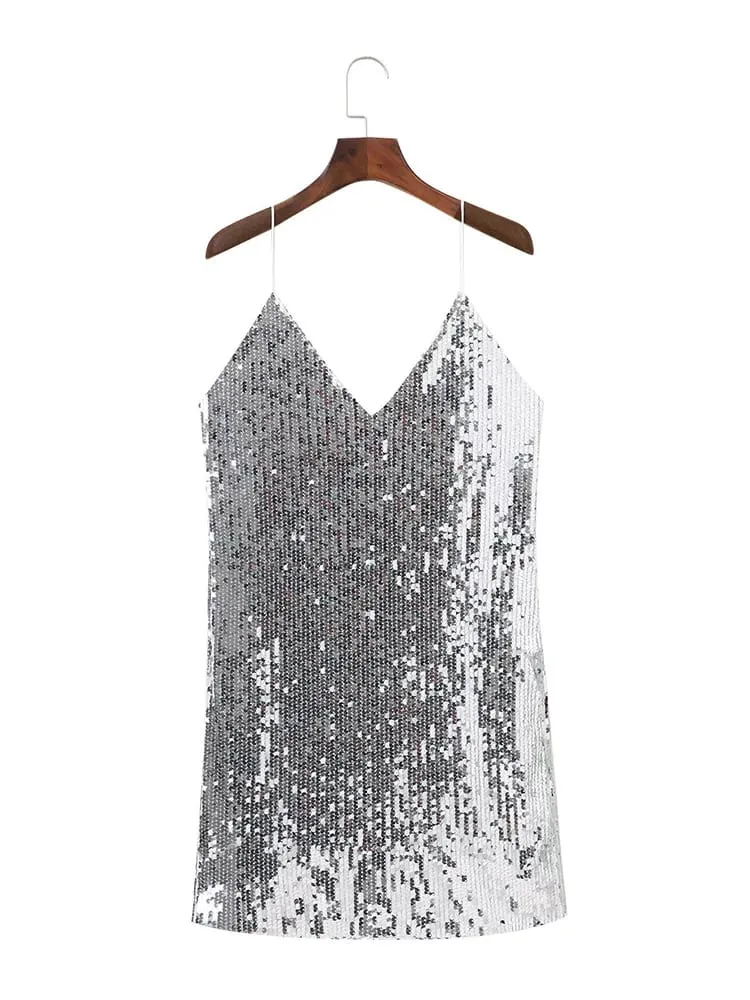 Deep V Neck Autumn Silver Sequined Backless Sexy Dress Women Off Shoulder Mini Dress Christmas Party Club Strap Dresses Vestidos