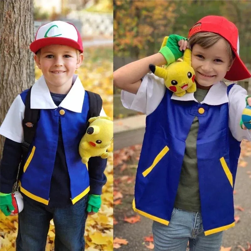 Pokemon Anime Ash Ketchum Costumes Adult Kids Halloween Trainer Cosplay Party Blue Jacket Cap and Gloves Sets Role Play Clothes