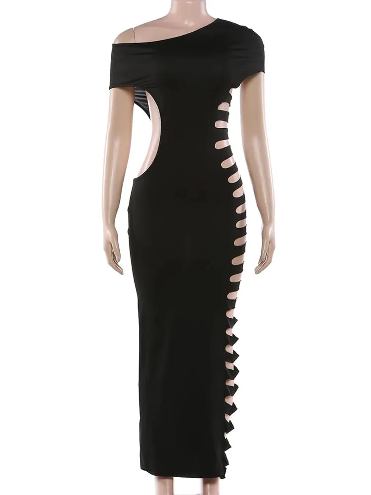 Weird Puss Sexy Skew Collar Dress Women Coquette Hollow Summer Trend Stretch Midnight Party Clubwear Irregular Hipster Vestidos
