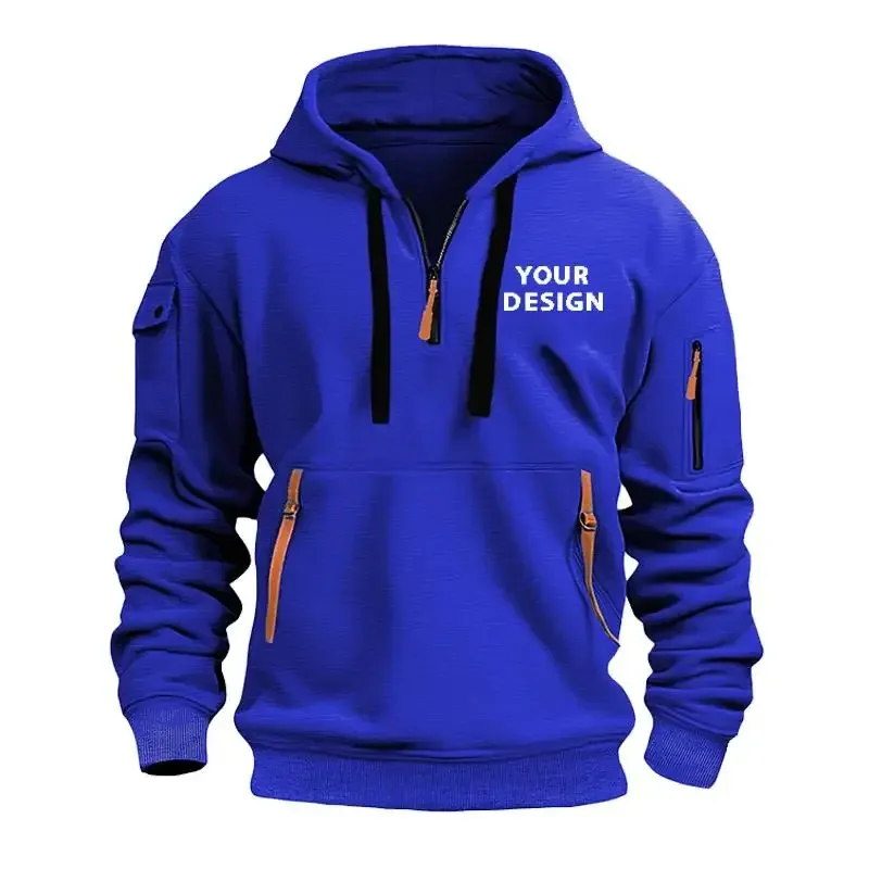 European New Men's Sports Zipper Arm Pocket Loose Casual Sweatshirt Customize Your Logo Dropped Shoulder Hooded Jacket Pullover