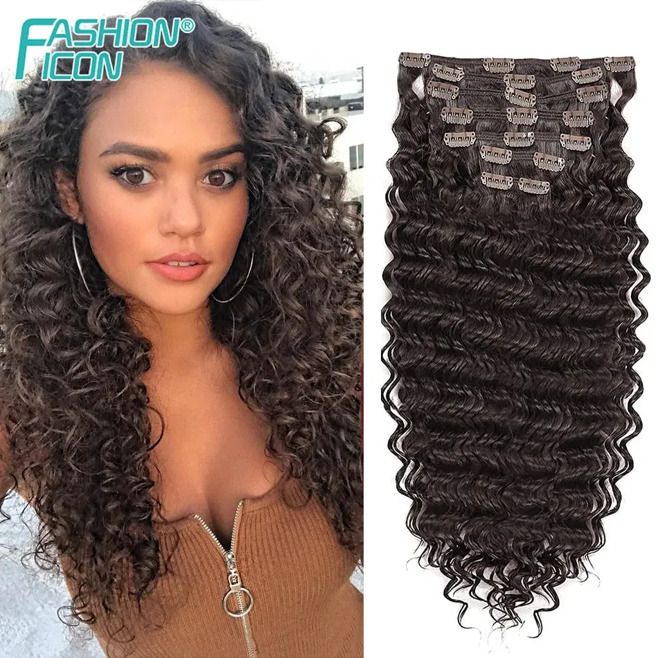 24 Inch Deep Wave Clip In Hair Extensions Synthetic Ombre 7Pc/140g Full Head Curly Hairpieces Heat Resistant Fake Hair for Women