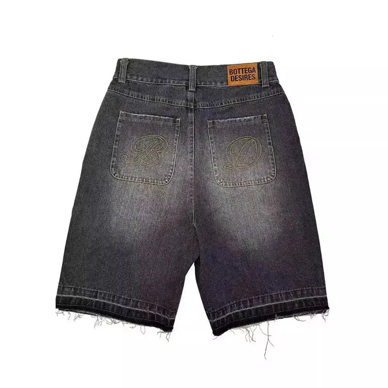 American Style Harajuku Retro Denim Shorts with Letter Embroidery Oversized Jeans Men Y2k Loose Casual Versatile Shorts Woman