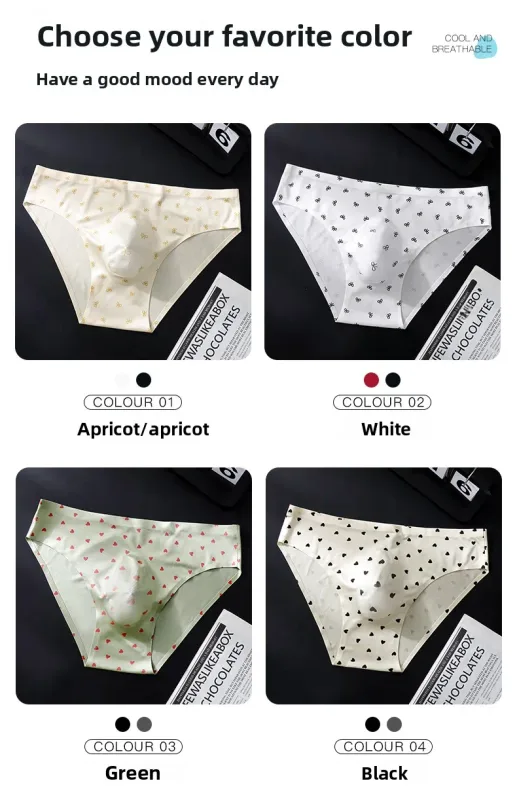 Male Seamless Ice Silk Briefs Cute Heart Bowknot Print 3D Molded Pouch Low Rise Soft Breathable Men Underpants