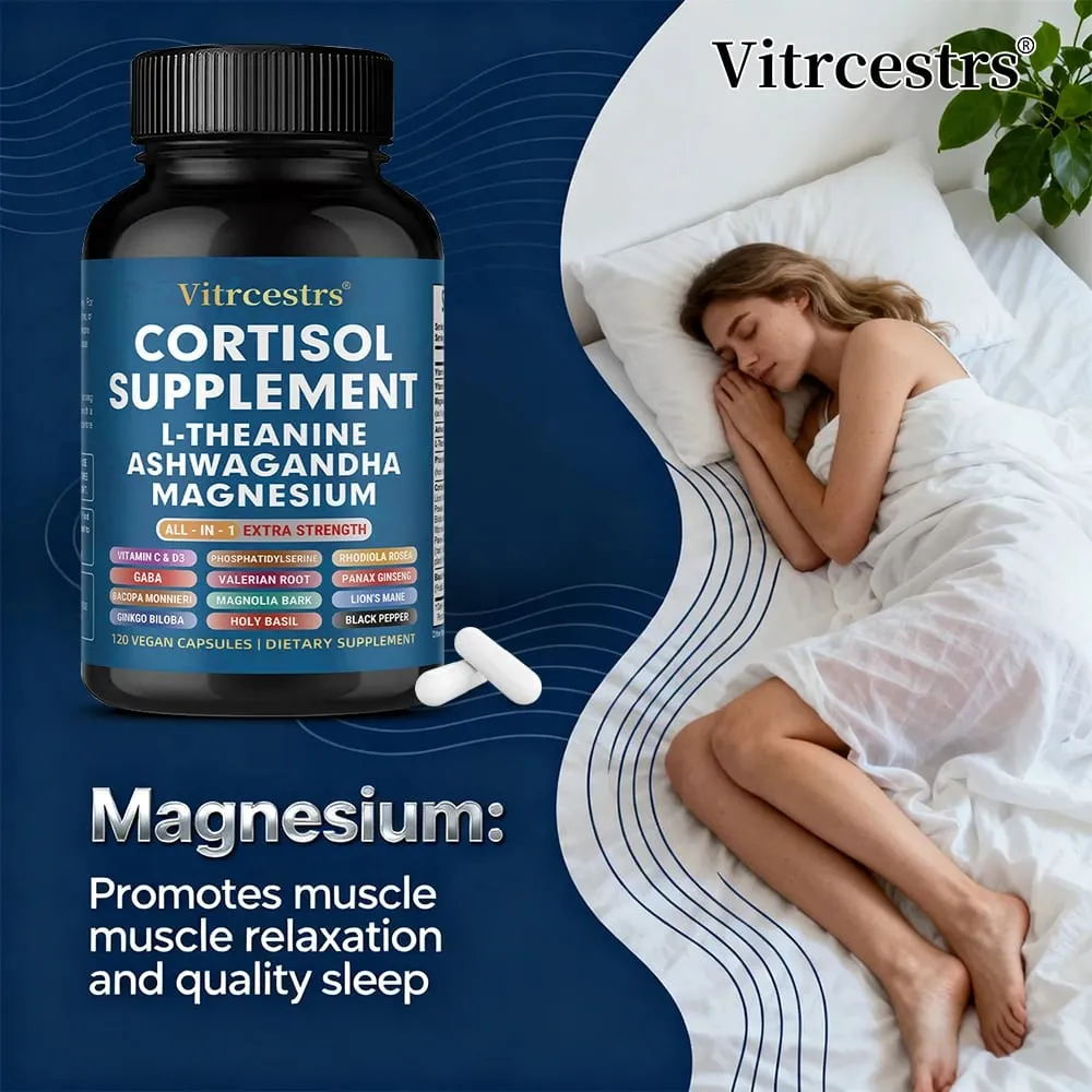 Cortisol Support Supplement - Magnesium Supports Stress Relief Calm Mood Relaxation Restful Sleep Focus & Adrenal Health