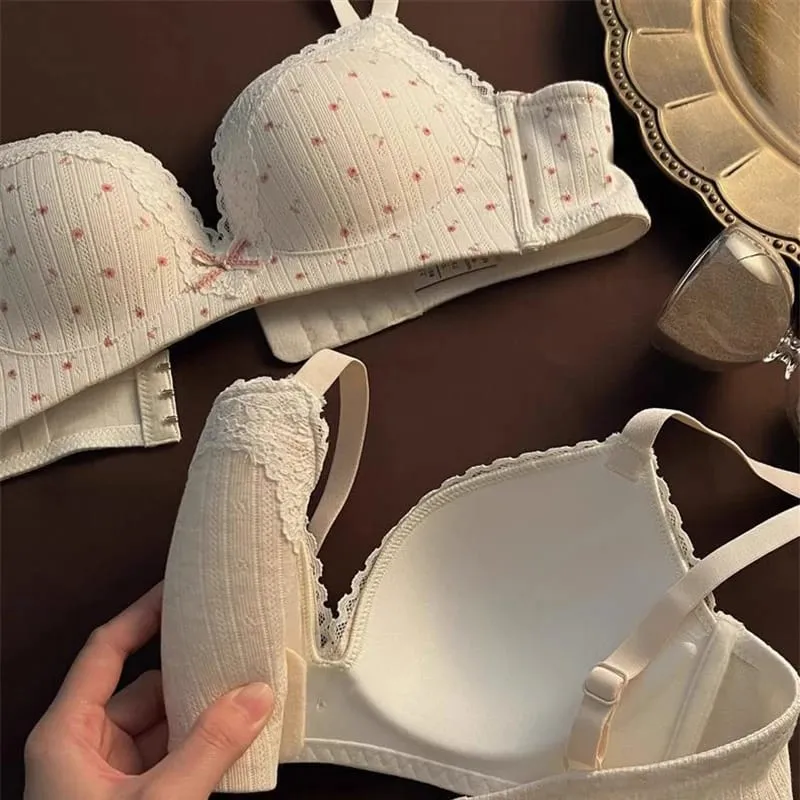 Sweet Girl Lace Edge Floral Bra Set Women Non-steel Ring Beauty Back No Steel Hoop Anti Sagging Underwear Cotton Comfortable Bra
