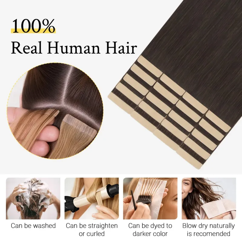 Sunmofavo Tape In Remy Human Hair Extensions Thick Silky Straight Natural Brown Invisible Tape 20Pcs Salon Grade For Women