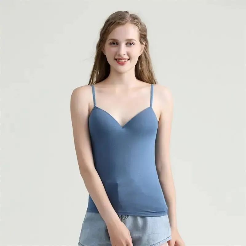 New Adjustable Padded Bra Tank Top Women Modal Spaghetti Solid Cami Top Vest Female Camisole With Built In Bra Fitness Clothing