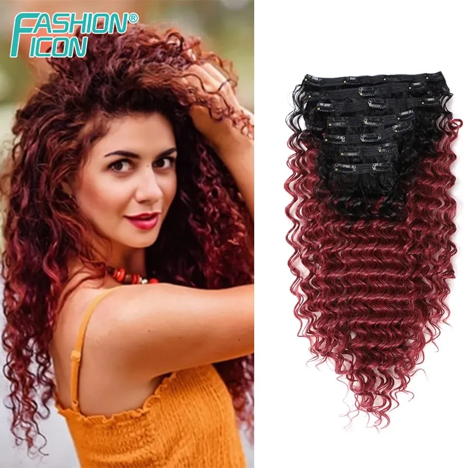 24 Inch Deep Wave Clip In Hair Extensions Synthetic Ombre 7Pc/140g Full Head Curly Hairpieces Heat Resistant Fake Hair for Women