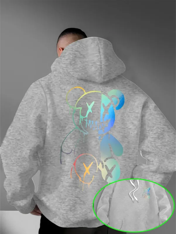 Loose Oversized Men Hoodies Holographic Split Evil Bear Front Back Dual Print Pullover Sweatshirt Dark Street Daily Hooded Tops