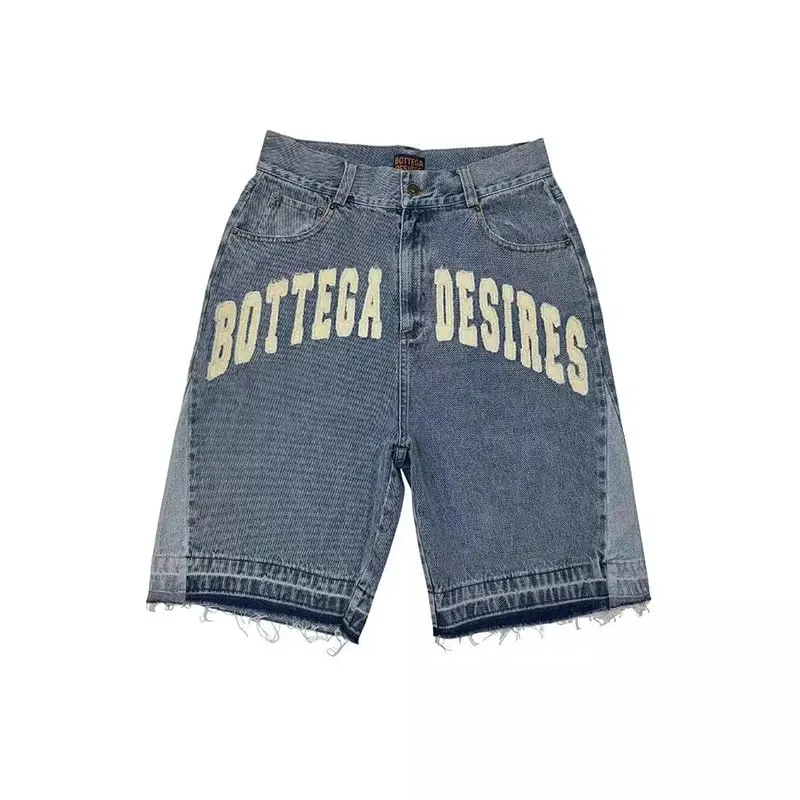 American Style Harajuku Retro Denim Shorts with Letter Embroidery Oversized Jeans Men Y2k Loose Casual Versatile Shorts Woman