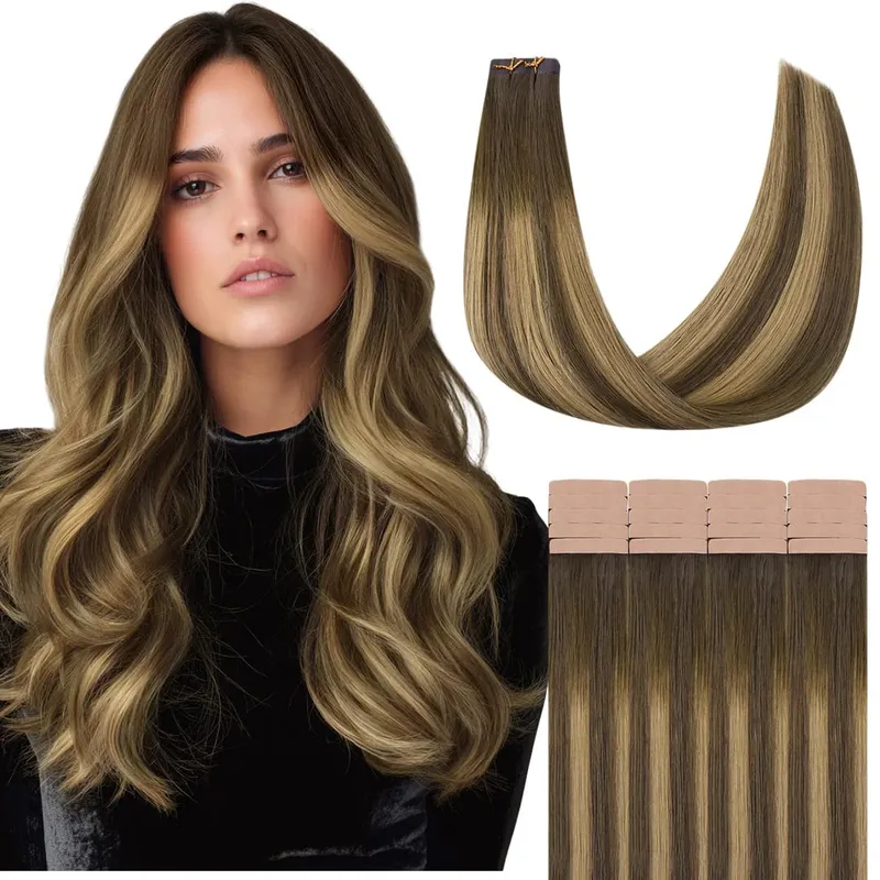 Sunmofavo Tape In Remy Human Hair Extensions Thick Silky Straight Natural Brown Invisible Tape 20Pcs Salon Grade For Women