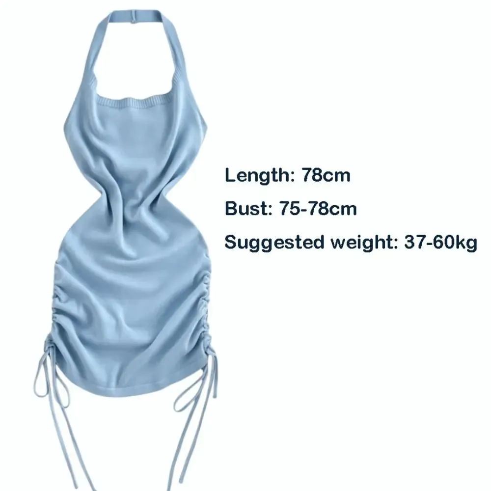 Solid Color Halter Neck Dress Sleeveless Design Drawstring Bodycon Dress Stretchy Knit Ruched Side Mini Dress Women Summer Wear