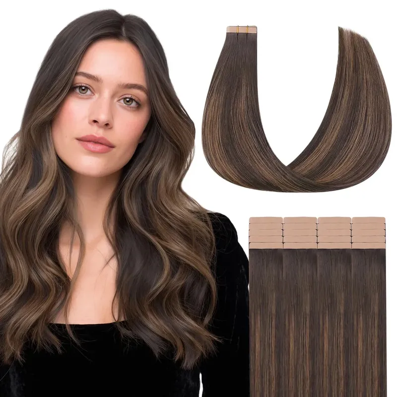 Sunmofavo Tape In Remy Human Hair Extensions Thick Silky Straight Natural Brown Invisible Tape 20Pcs Salon Grade For Women