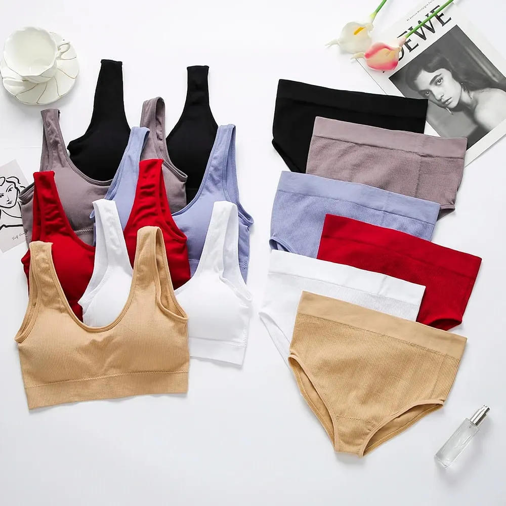 Women's Sport Underwear Set Plus Size Seamless Wireless Bra Top Padded Comfortable Solid Lingerie Bra Suit