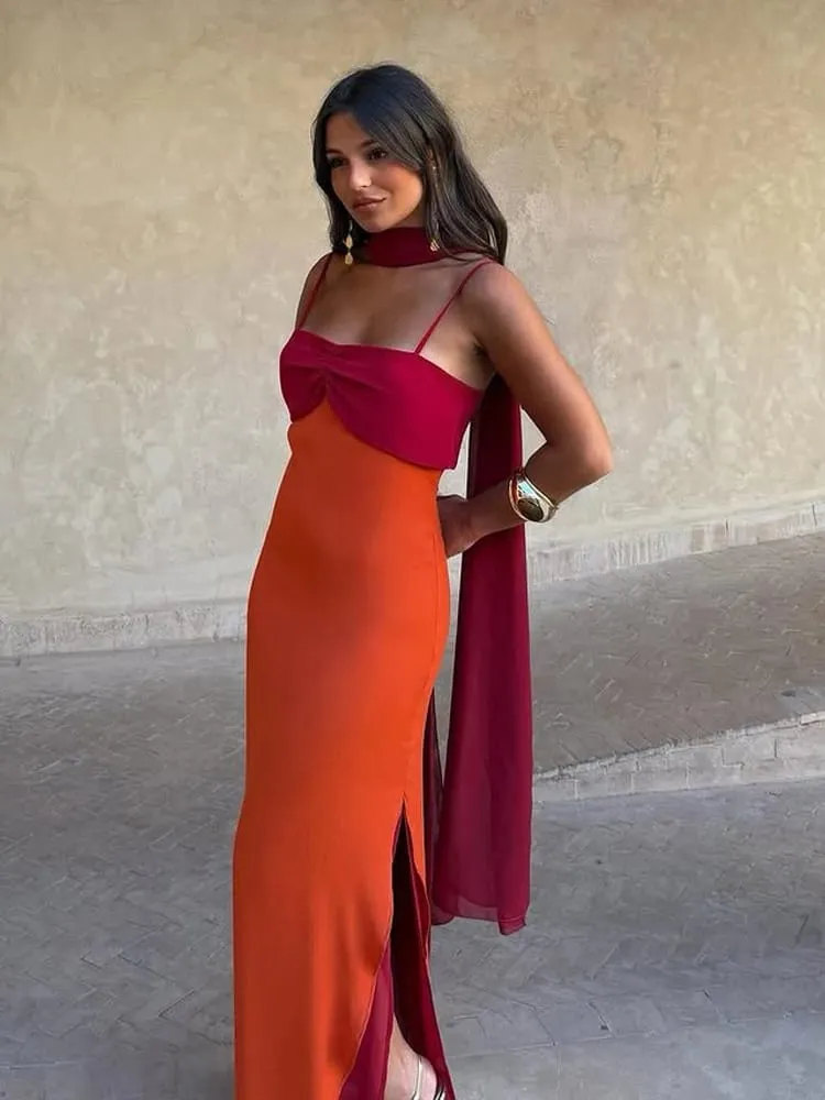 Sexy Color Blocking Scarf Collar Sling Dress Women Chic Waist Cinching Split Bodycon Maxi Dresses 2026 Lady Club Party Vestido