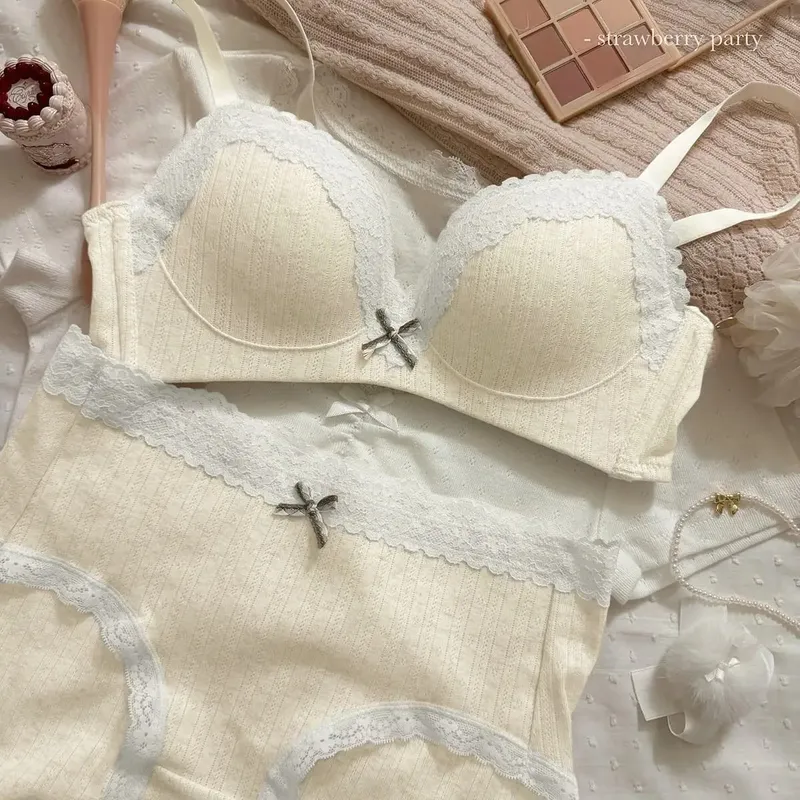 Sweet Girl Lace Edge Floral Bra Set Women Non-steel Ring Beauty Back No Steel Hoop Anti Sagging Underwear Cotton Comfortable Bra