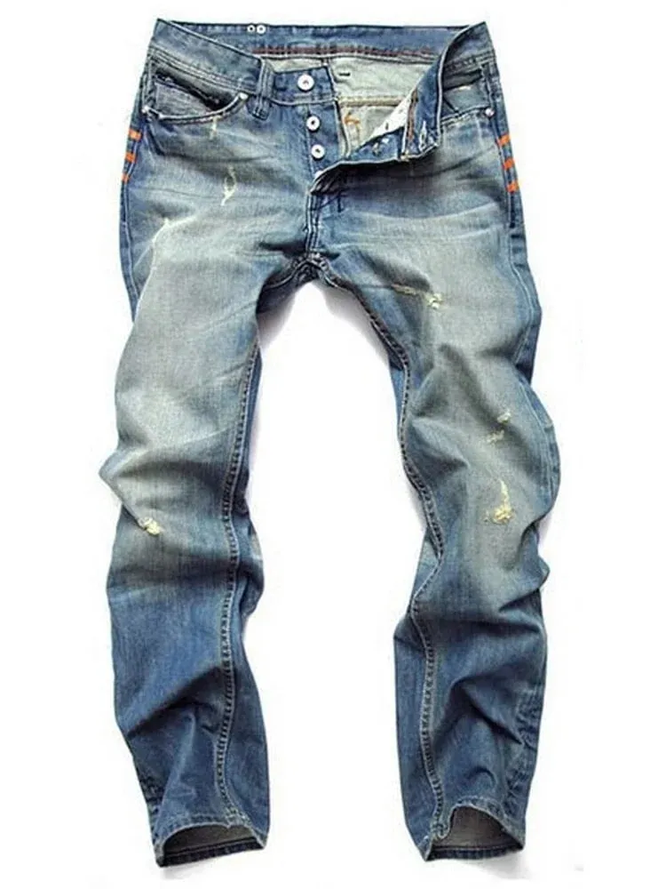 Hole Jeans for Men Mid Waist Washed Straight Pants Streetwear Vintage Zipper Fly Denims 2024 Autumn Ankle Length Trousers