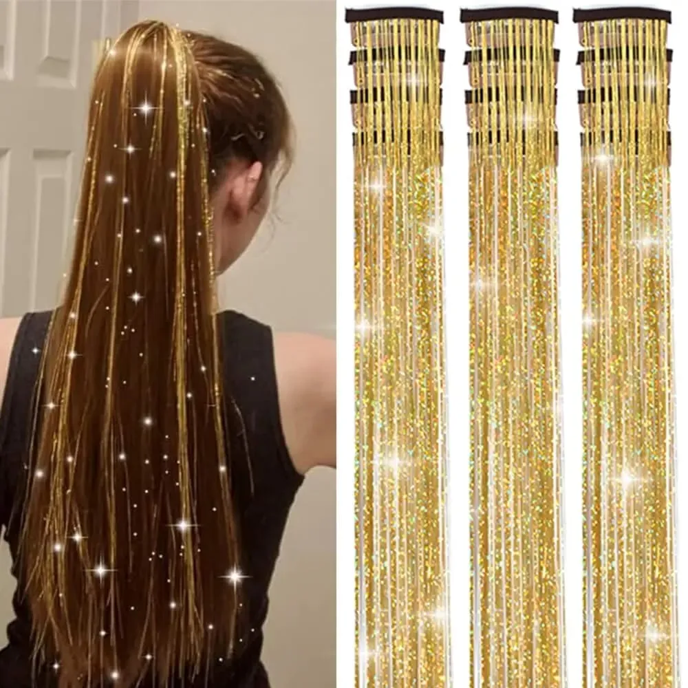 Hair Tinsel 12pcs Shiny Hair Metal Ribbon Clip Wig Piece Glitter Ribbon In Hair Party Focus Delicate Eye-Catching Gift Synthetic