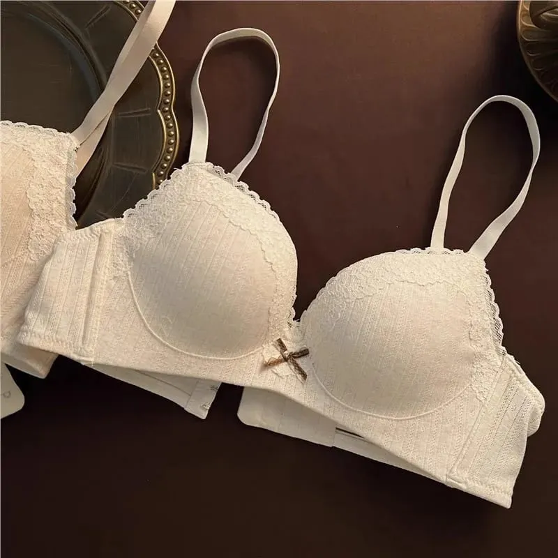 Sweet Girl Lace Edge Floral Bra Set Women Non-steel Ring Beauty Back No Steel Hoop Anti Sagging Underwear Cotton Comfortable Bra
