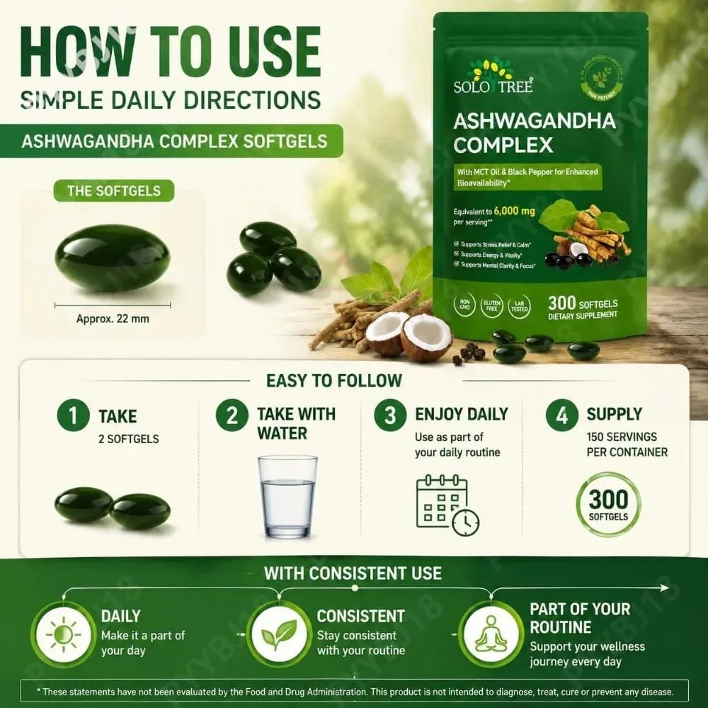 Solo Tree Ashwagandha Complex Softgels Supports Stress Relief Calm Mental Clarity Focus with MCT Oil & Black Pepper 300 Softgels