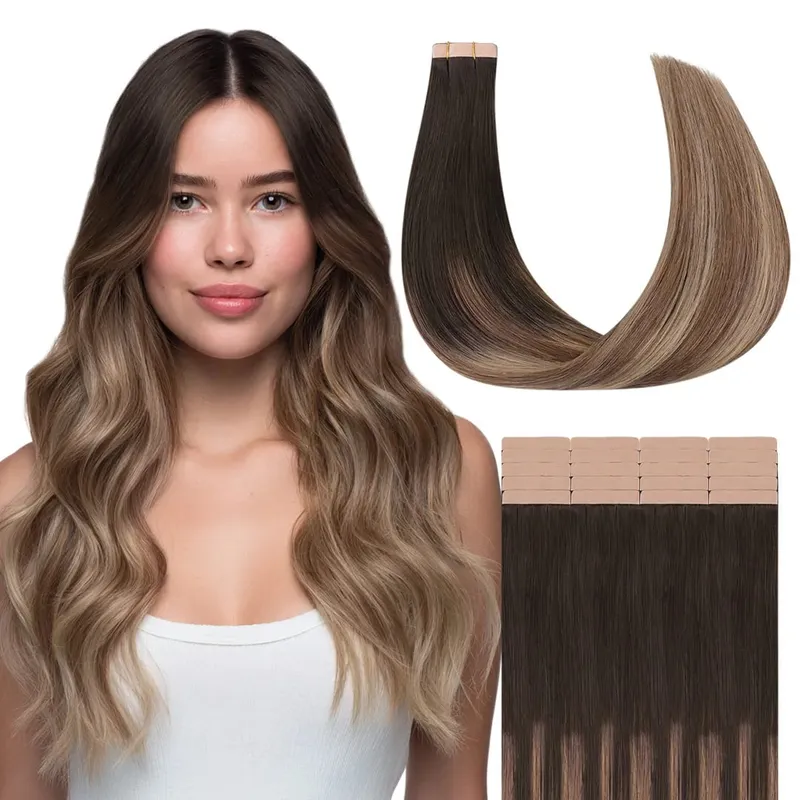 Sunmofavo Tape In Remy Human Hair Extensions Thick Silky Straight Natural Brown Invisible Tape 20Pcs Salon Grade For Women