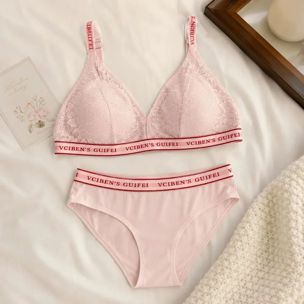Comfortable Letter Design Lingerie Set Deep V Wireless Women Underwear Suit Color Blocking Lace Bra Panties Set Women