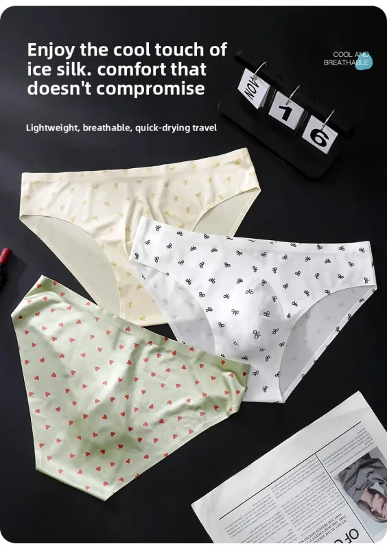 Male Seamless Ice Silk Briefs Cute Heart Bowknot Print 3D Molded Pouch Low Rise Soft Breathable Men Underpants