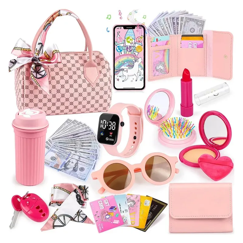 Little Girls Play Purse Kids Pretend Play Purse Cell Phone/Makeup/Keys Princess Makeup Purse for Girls Christmas Birthday Gift