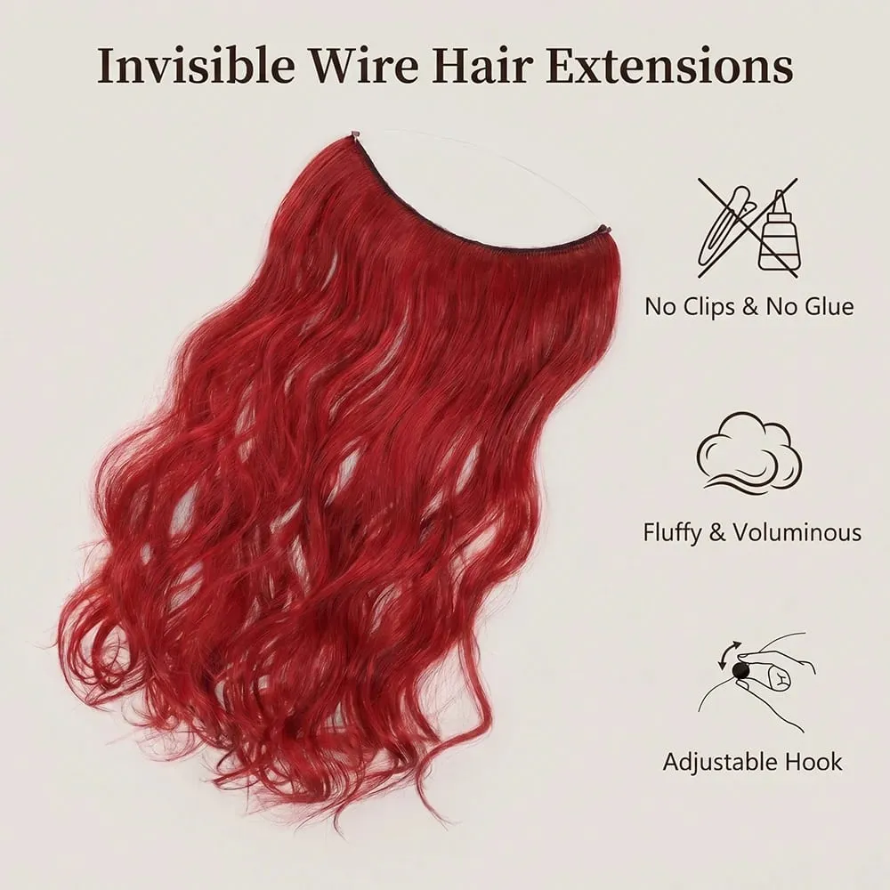 26" Invisible Wire Hair Extensions Curly Burgundy No Clip Synthetic Hairpiece Women Natural Heat Resistant Fiber Hairpieces