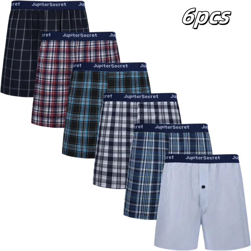 JupiterSecret 6pcs Men's Underwear Boxer Shorts Loose Plaid Woven Elastic Waistband Male Underpants Homewear Random Colors