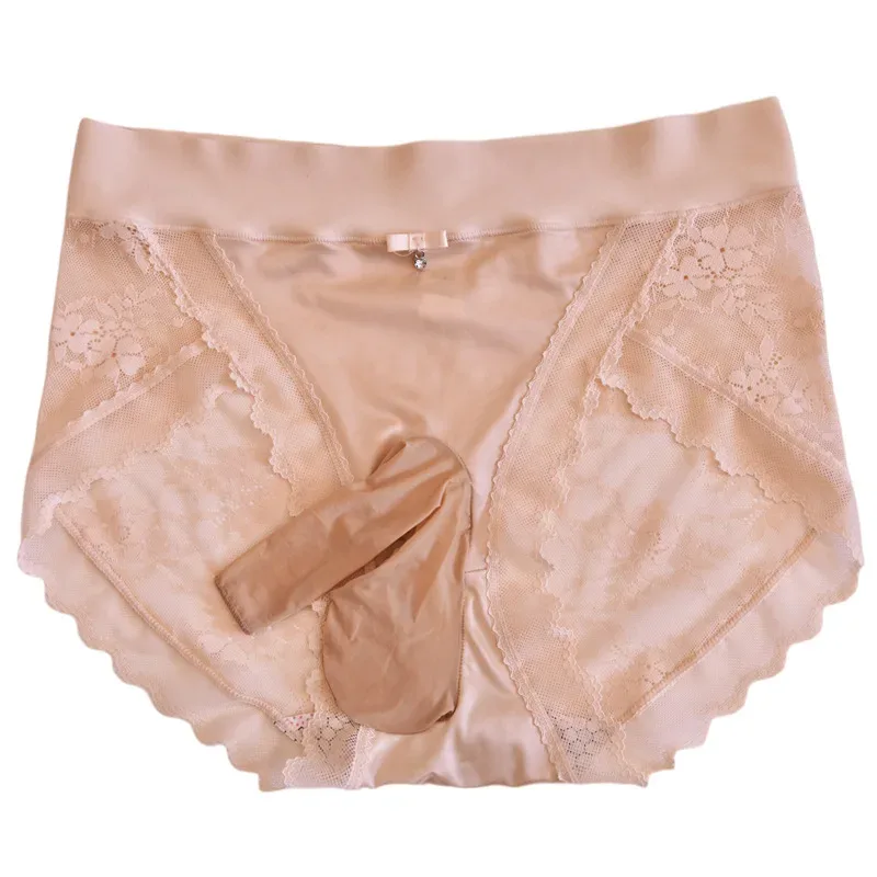 Silky Men's Panties Lace Satin Erotic Underwear Soft Ultra Thin Briefs Sissy Feminization Lingerie Back Transparent Underpants