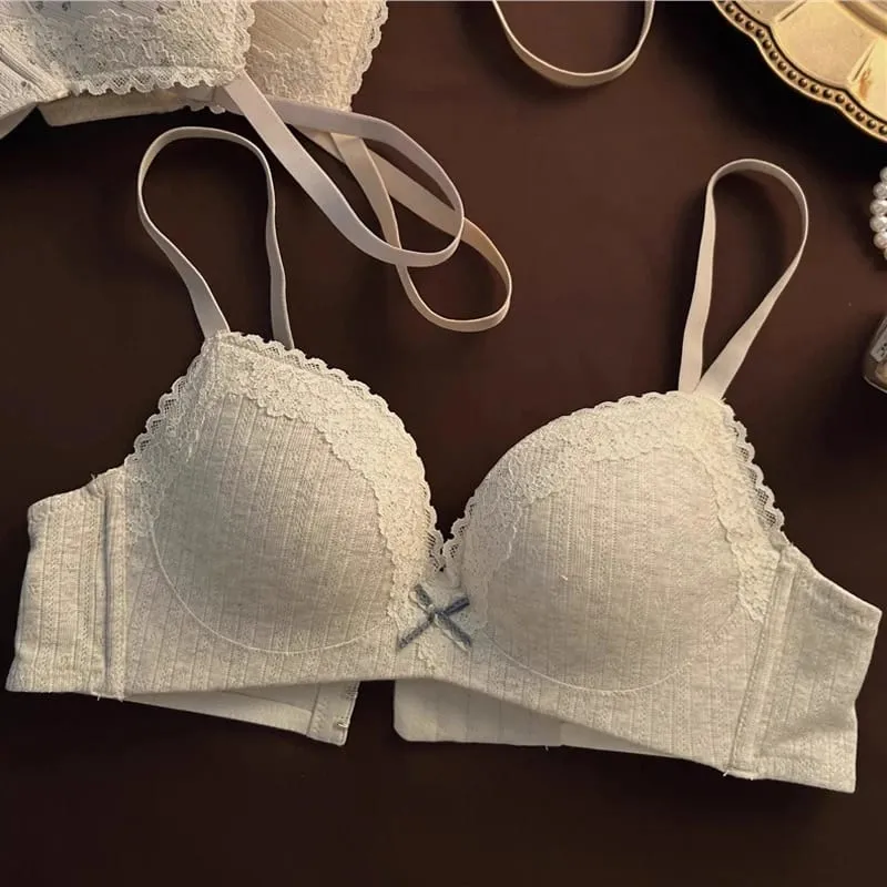 Sweet Girl Lace Edge Floral Bra Set Women Non-steel Ring Beauty Back No Steel Hoop Anti Sagging Underwear Cotton Comfortable Bra