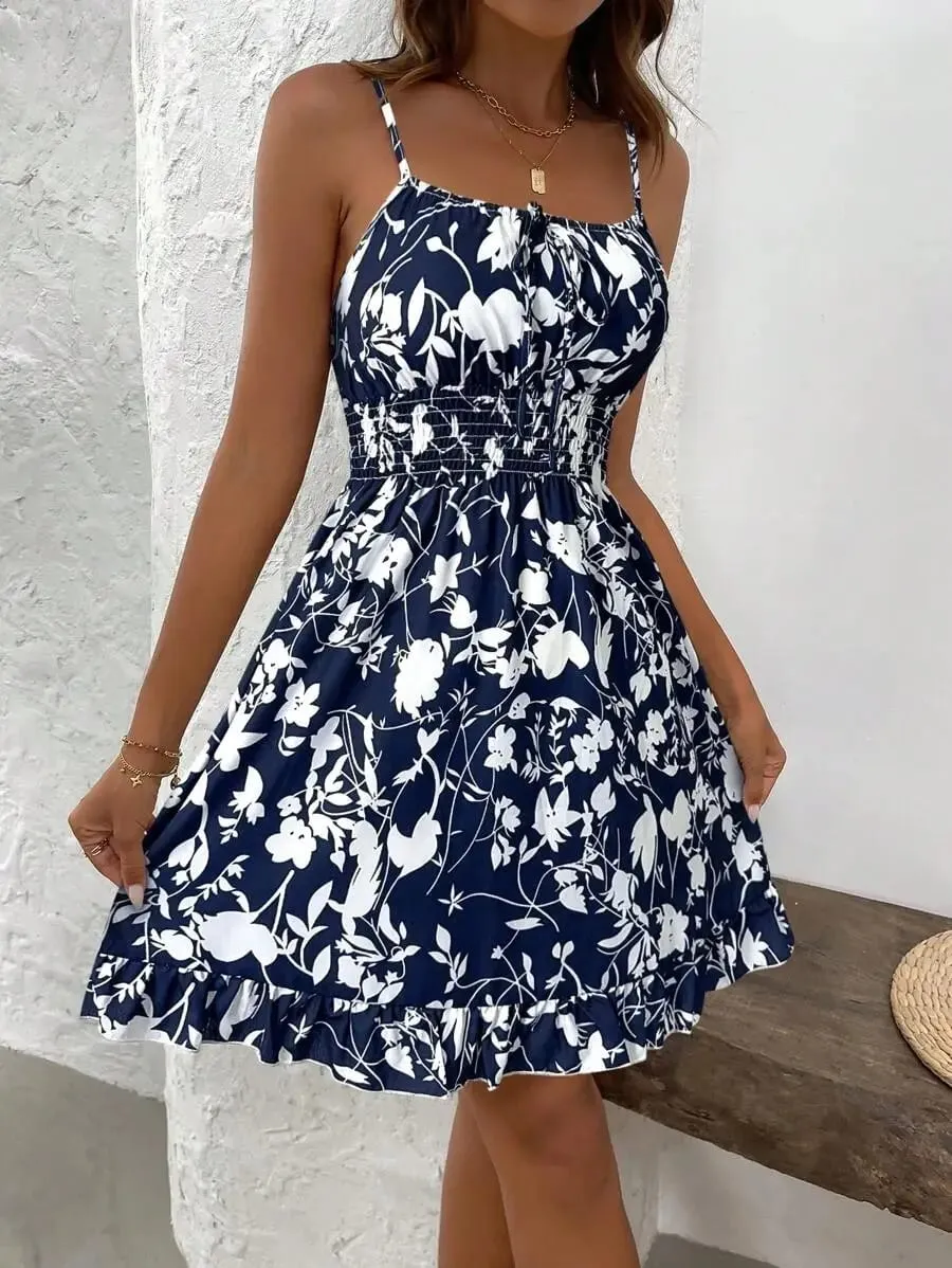 Vintage Floral Print Tie-Up Slip Dress Flattering Versatile Beach Resort Style Mini Dress Dressed in Party