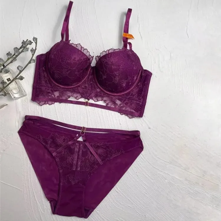 high quality sexy lace women bras and brief two piece set push up B C D cup wire summer lingerie underwear black white purple
