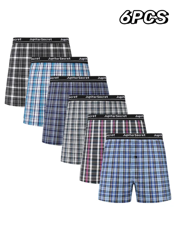 JupiterSecret 6 Pcs Boxer Shorts Casual Plaid Elastic Waistband Button Mens Boxer Underwear Woven Shorts For Home Random Color